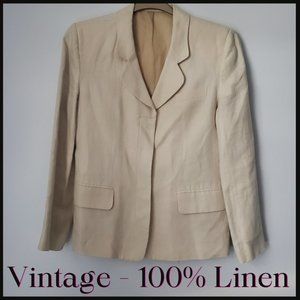 Vintage Linen Blazer Placket By English Designer Collared Neutral Pockets Preppy